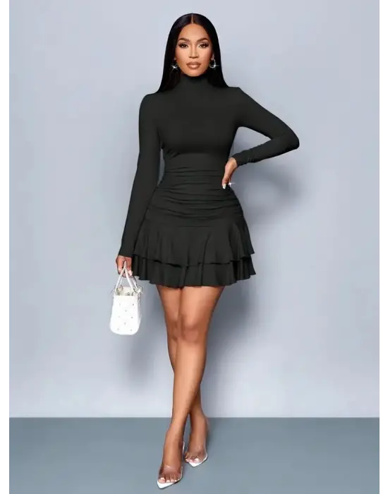 Kadın Uzun Kollu Balıkçı Yaka Mini Fırfırlı Sandy Elbise