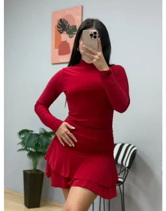 Kadın Uzun Kollu Balıkçı Yaka Mini Fırfırlı Sandy Elbise