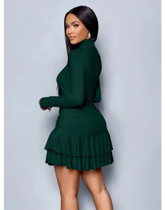 Kadın Uzun Kollu Balıkçı Yaka Mini Fırfırlı Sandy Elbise