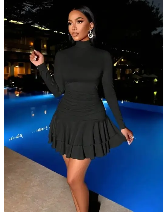 Kadın Uzun Kollu Balıkçı Yaka Mini Fırfırlı Sandy Elbise