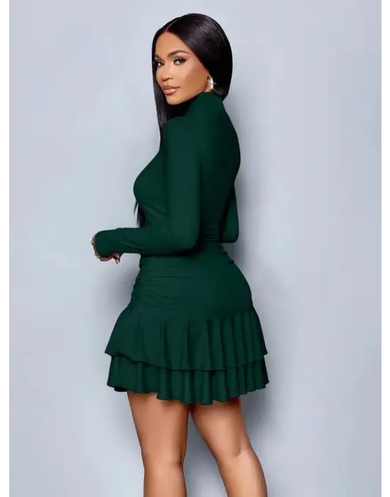 Kadın Uzun Kollu Balıkçı Yaka Mini Fırfırlı Sandy Elbise