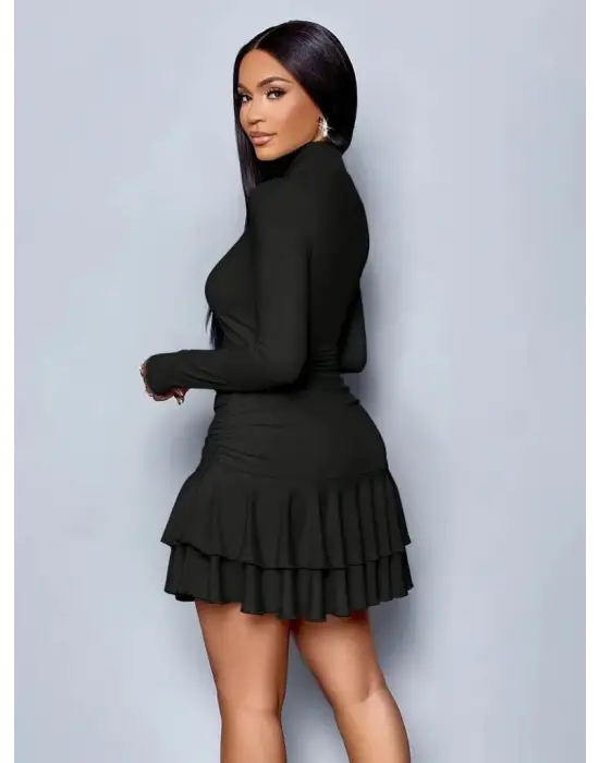 Kadın Uzun Kollu Balıkçı Yaka Mini Fırfırlı Sandy Elbise