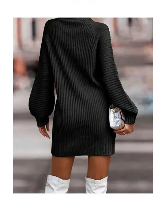 Kadın Uzun Kollu Balıkçı Yaka Mini Triko Elbise