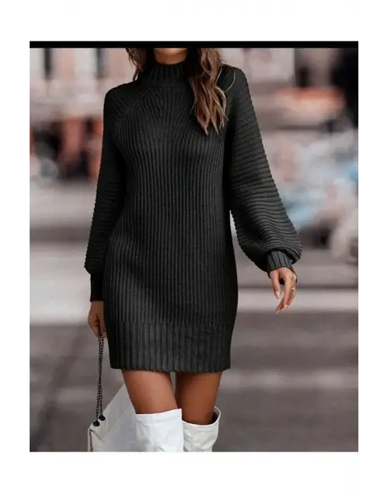 Kadın Uzun Kollu Balıkçı Yaka Mini Triko Elbise