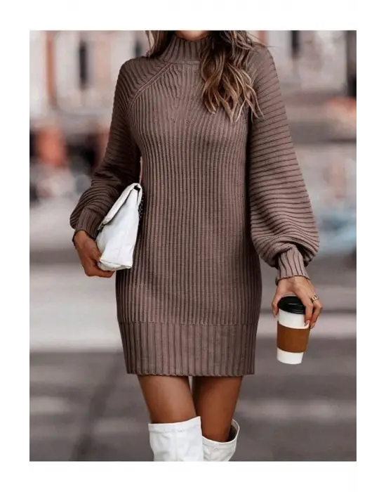 Kadın Uzun Kollu Balıkçı Yaka Mini Triko Elbise