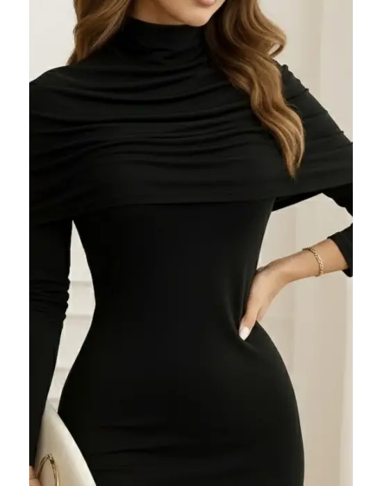 Kadın Uzun Kollu Balıkçı Yaka Omuz Katlamalı Dalgıç Kısa Elbise