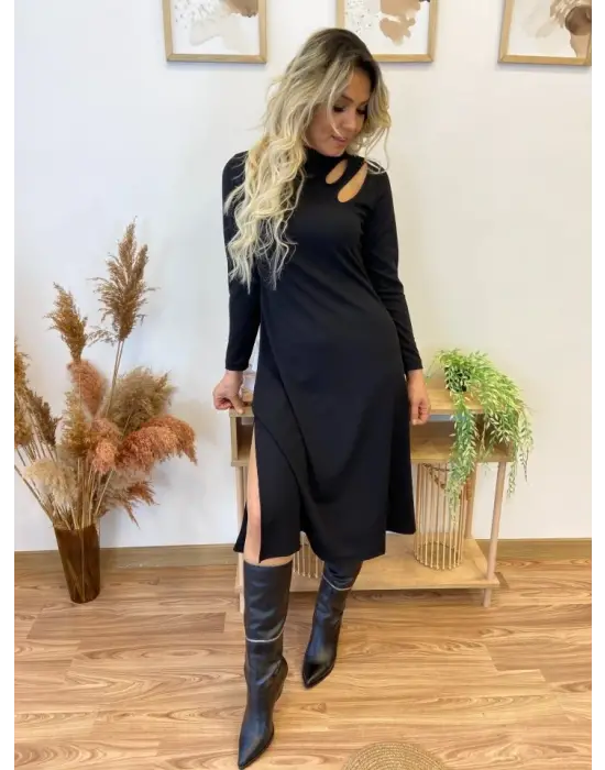 Kadın Uzun Kollu Balıkçı Yaka Omuzda Damla Detaylı Yırtmaçlı Krep Midi Elbise