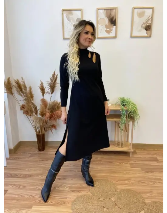 Kadın Uzun Kollu Balıkçı Yaka Omuzda Damla Detaylı Yırtmaçlı Krep Midi Elbise