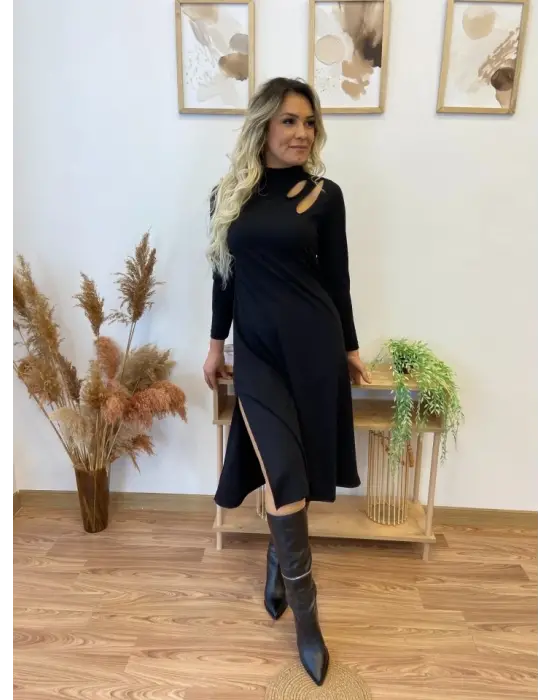 Kadın Uzun Kollu Balıkçı Yaka Omuzda Damla Detaylı Yırtmaçlı Krep Midi Elbise