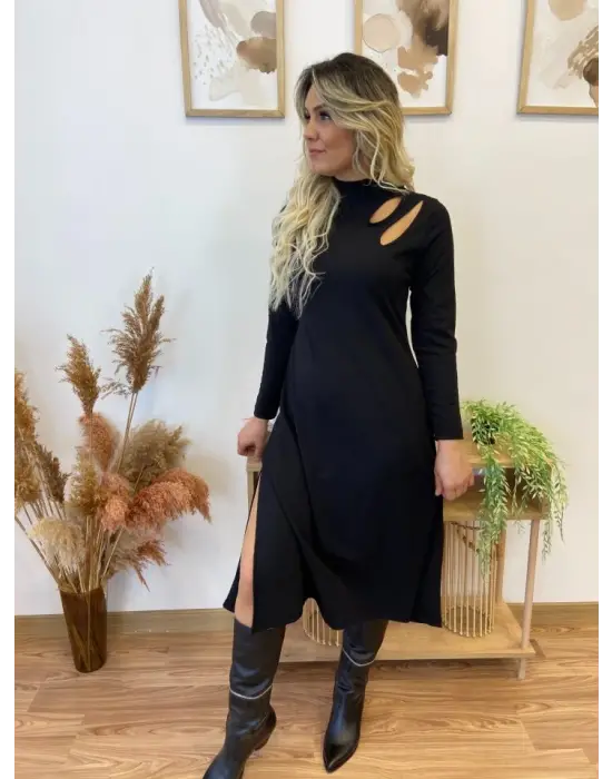 Kadın Uzun Kollu Balıkçı Yaka Omuzda Damla Detaylı Yırtmaçlı Krep Midi Elbise