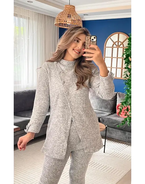 Kadın Uzun Kollu Balıkçı Yaka önden Düğmeli Bluz Ve Pantolon Yumoş Ikili Takım