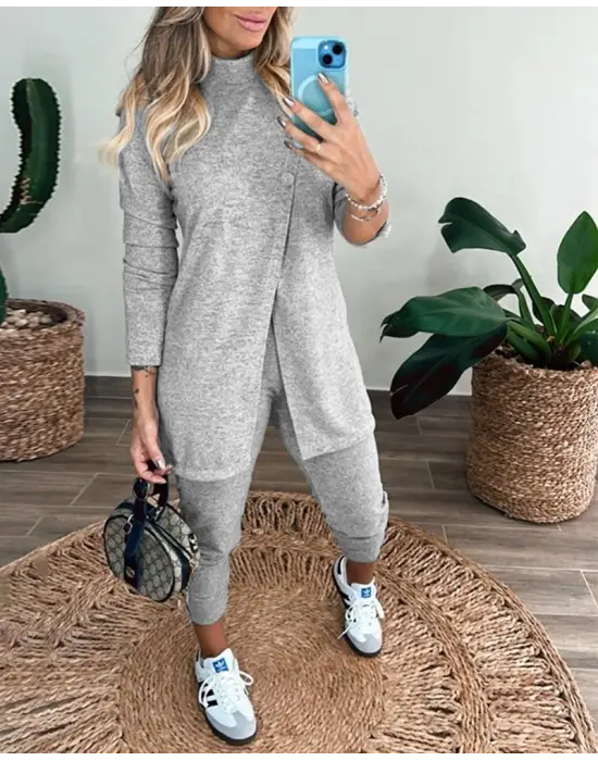 Kadın Uzun Kollu Balıkçı Yaka önden Düğmeli Bluz Ve Pantolon Yumoş Ikili Takım