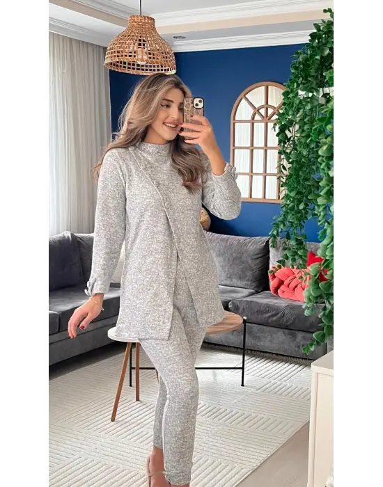 Kadın Uzun Kollu Balıkçı Yaka önden Düğmeli Bluz Ve Pantolon Yumoş Ikili Takım