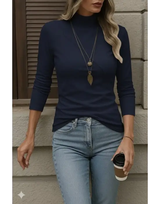 Kadın Uzun Kollu Balıkçı Yaka önden şerit Detay Dalgıç Bluz