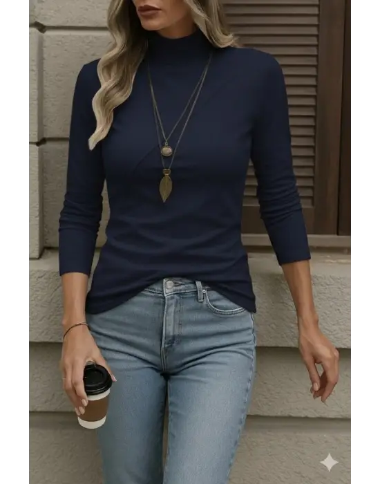 Kadın Uzun Kollu Balıkçı Yaka önden şerit Detay Dalgıç Bluz