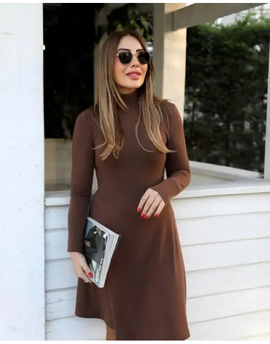 Kadın Uzun Kollu Balıkçı Yaka Salaş Kusa Akrilik Elbise