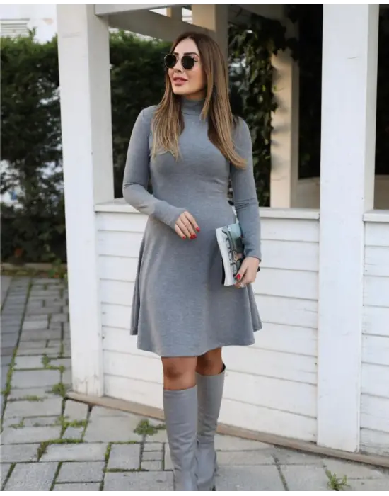 Kadın Uzun Kollu Balıkçı Yaka Salaş Kusa Akrilik Elbise