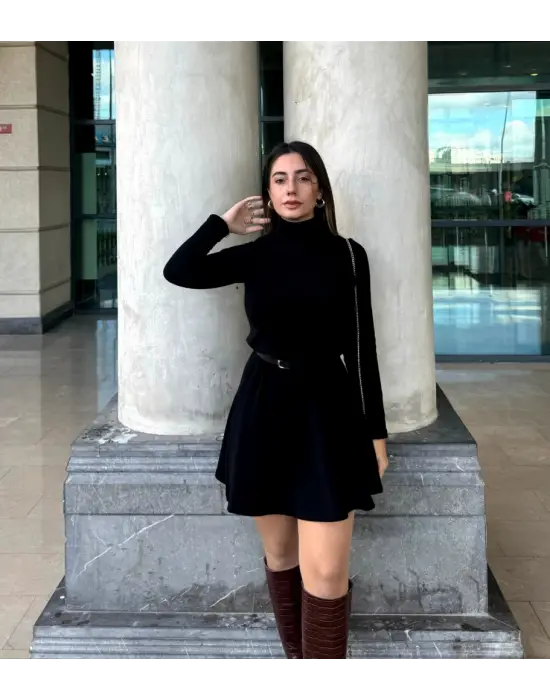 Kadın Uzun Kollu Balıkçı Yaka Salaş Kusa Akrilik Elbise