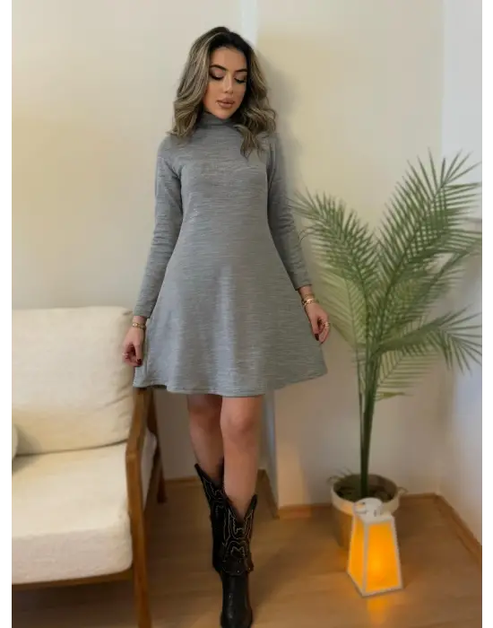 Kadın Uzun Kollu Balıkçı Yaka Salaş Kusa Akrilik Elbise