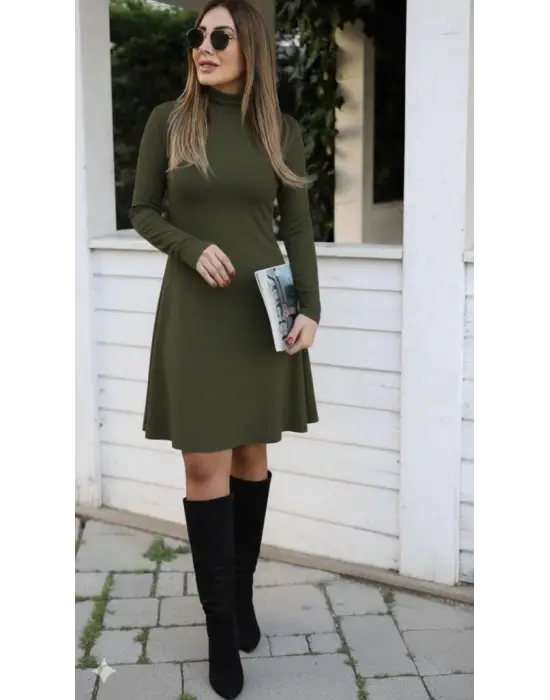 Kadın Uzun Kollu Balıkçı Yaka Salaş Mini Akrilik Elbise