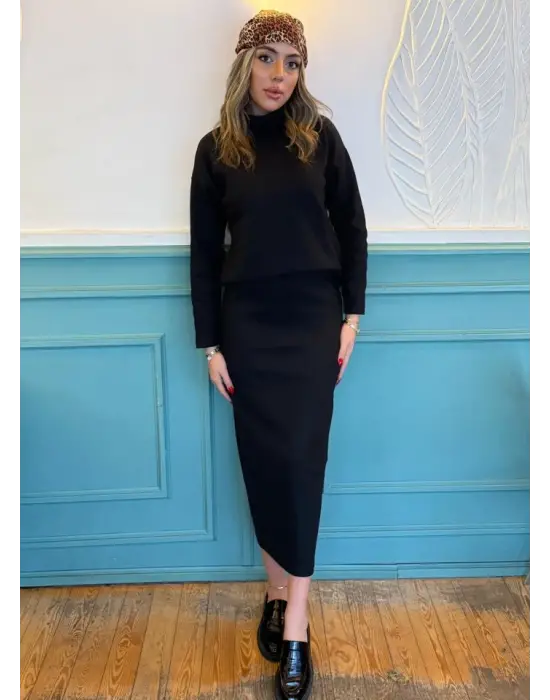 Kadın Uzun Kollu Balıkçı Yaka şardonlu Bluz Etek Takım