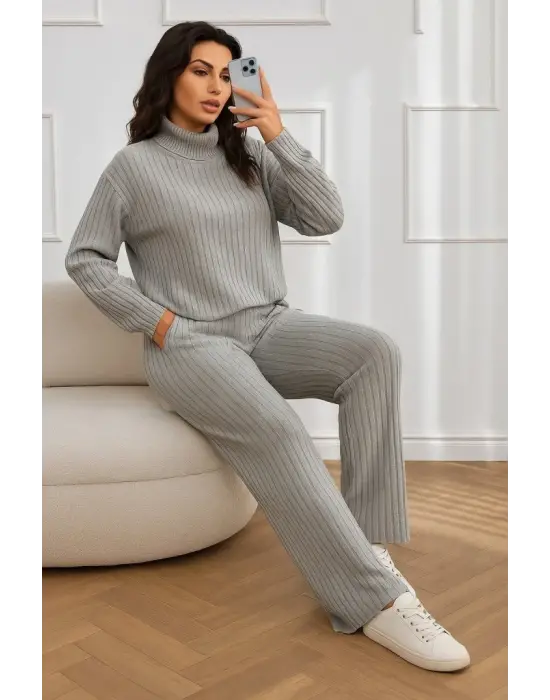 Kadın Uzun Kollu Balıkçı Yaka şardonlu Bluz Ve Pantolon Ikili Takım