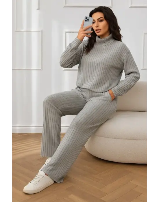 Kadın Uzun Kollu Balıkçı Yaka şardonlu Bluz Ve Pantolon Ikili Takım