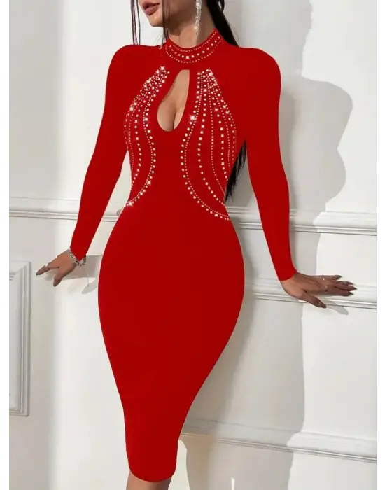 Kadın Uzun Kollu Balıkçı Yaka Taşlı Damla Detay Midi Ithal Krep Elbise