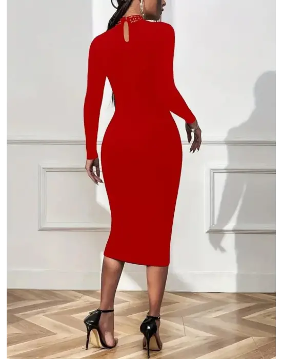 Kadın Uzun Kollu Balıkçı Yaka Taşlı Damla Detay Midi Ithal Krep Elbise