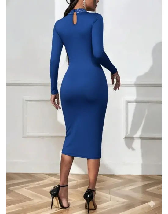 Kadın Uzun Kollu Balıkçı Yaka Taşlı Damla Detay Midi Ithal Krep Elbise