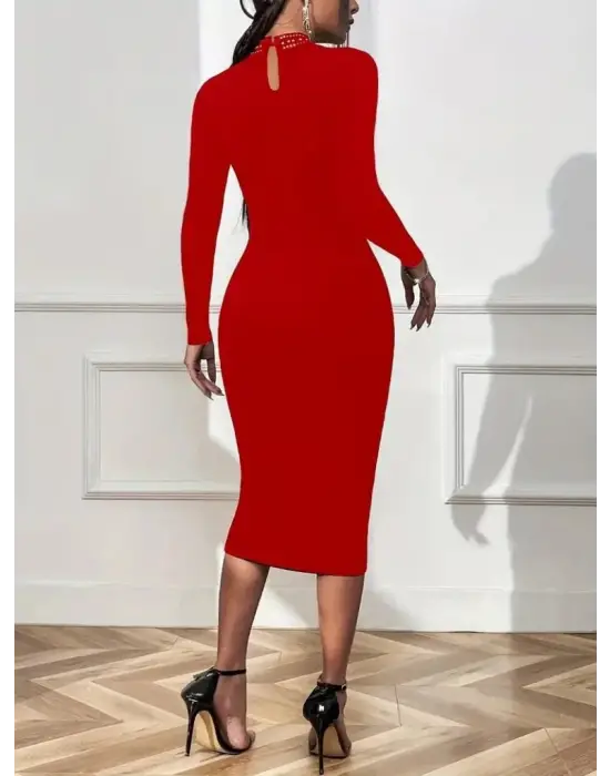 Kadın Uzun Kollu Balıkçı Yaka Taşlı Damla Detay Midi Ithal Krep Elbise