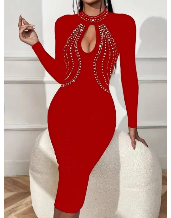 Kadın Uzun Kollu Balıkçı Yaka Taşlı Damla Detay Midi Ithal Krep Elbise