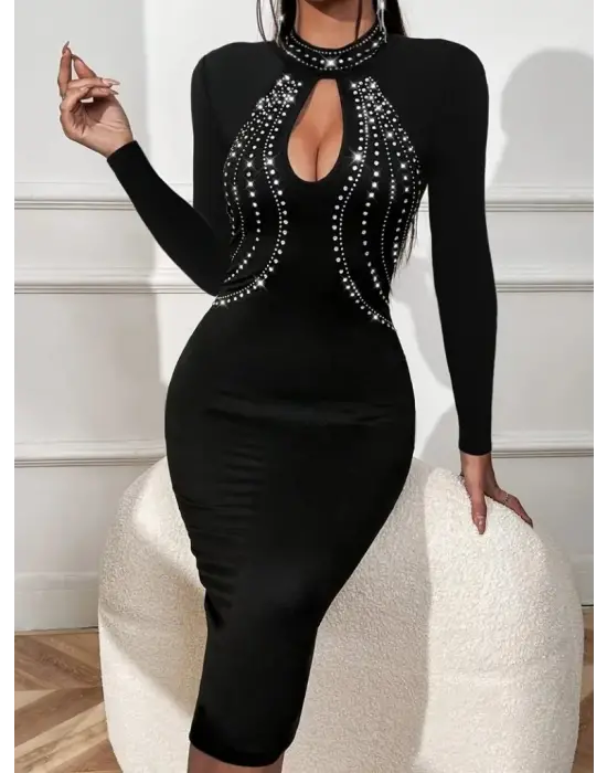 Kadın Uzun Kollu Balıkçı Yaka Taşlı Damla Detay Midi Ithal Krep Elbise