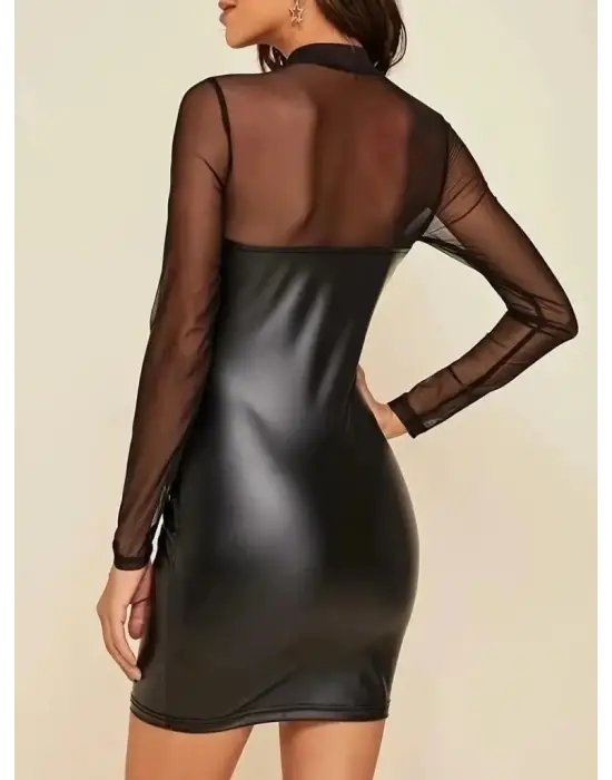 Kadın Uzun Kollu Balıkçı Yaka Tül Detaylı Mini Deri Elbise