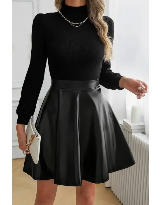 Kadın Uzun Kollu Balıkçı Yaka üst Kaşkorse Alt Deri Detaylı Mini Elbise