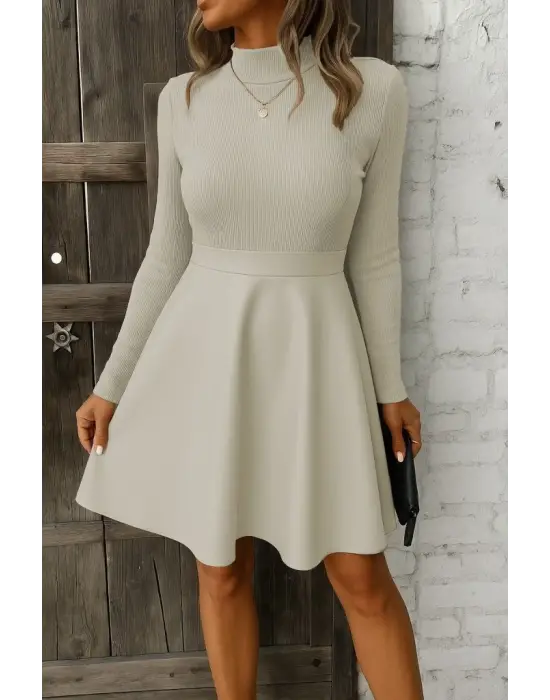 Kadın Uzun Kollu Balıkçı Yaka üst Kaşkorse Alt Deri Detaylı Mini Elbise