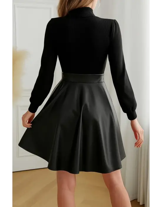 Kadın Uzun Kollu Balıkçı Yaka üst Kaşkorse Alt Deri Detaylı Mini Elbise