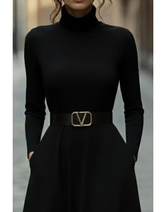 Kadın Uzun Kollu Balıkçı Yaka Uzun Akrilik Elbise