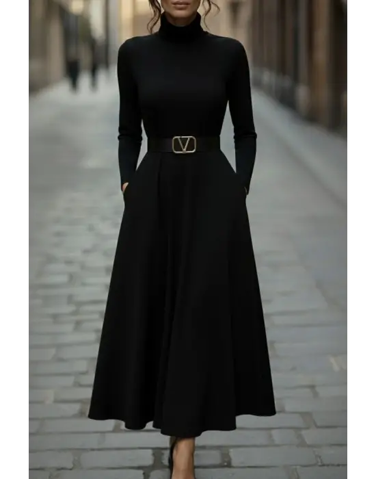 Kadın Uzun Kollu Balıkçı Yaka Uzun Akrilik Elbise