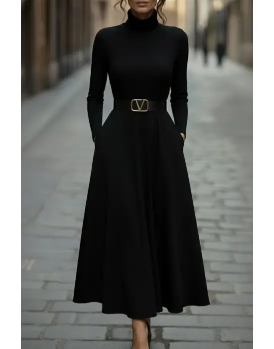 Kadın Uzun Kollu Balıkçı Yaka Uzun Akrilik Elbise