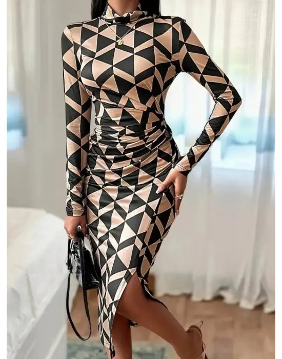 Kadın Uzun Kollu Balıkçı Yaka Yandan Büzgülü Yırtmaçlı Modal Midi Elbise