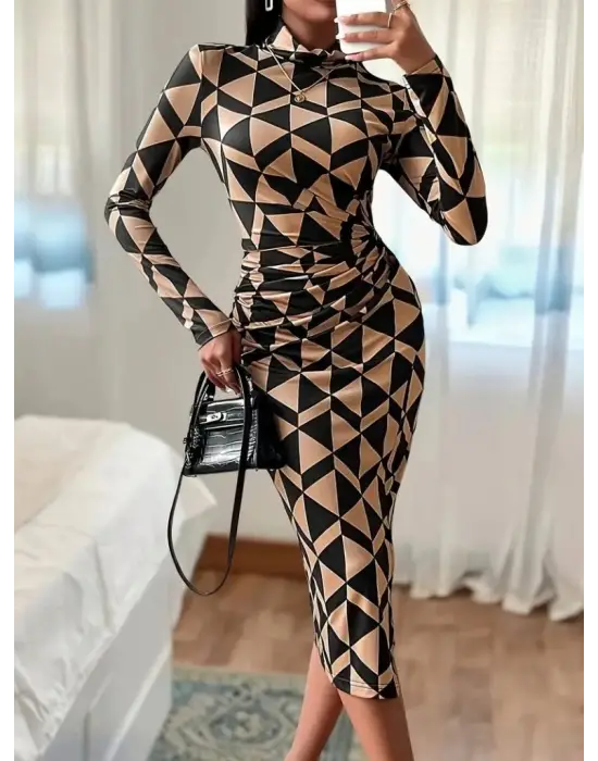 Kadın Uzun Kollu Balıkçı Yaka Yandan Büzgülü Yırtmaçlı Modal Midi Elbise