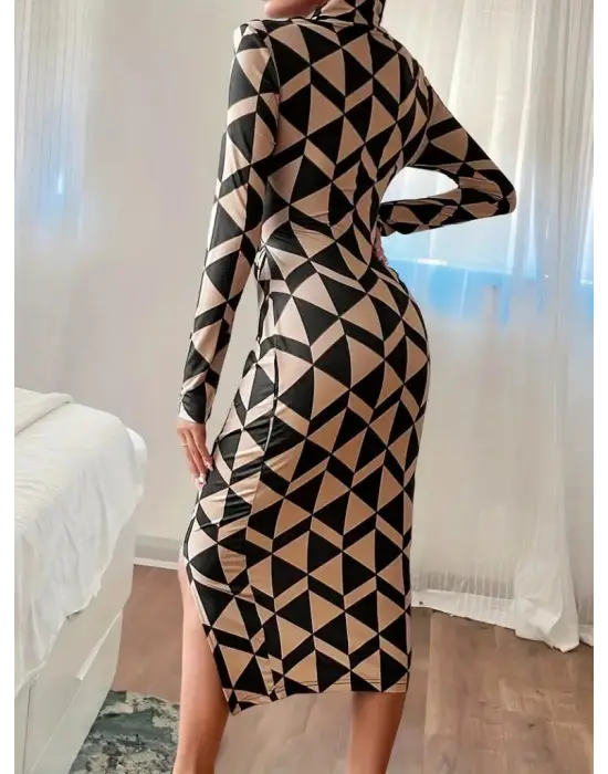 Kadın Uzun Kollu Balıkçı Yaka Yandan Büzgülü Yırtmaçlı Modal Midi Elbise