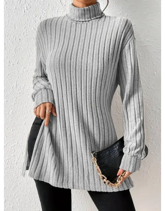 Kadın Uzun Kollu Balıkçı Yaka Yandan Yırtmaçlı şardonlu Kaşkorse Bluz