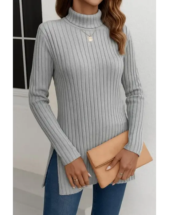 Kadın Uzun Kollu Balıkçı Yaka Yandan Yırtmaçlı şardonlu Kaşkorse Bluz