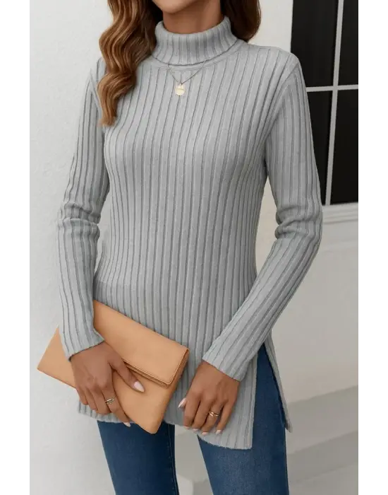 Kadın Uzun Kollu Balıkçı Yaka Yandan Yırtmaçlı şardonlu Kaşkorse Bluz