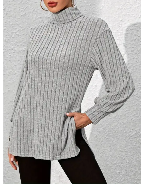 Kadın Uzun Kollu Balıkçı Yaka Yandan Yırtmaçlı şardonlu Kaşkorse Bluz