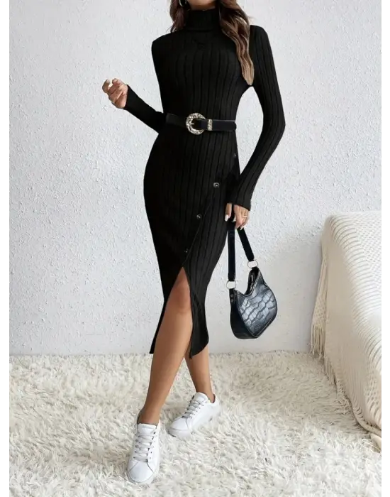 Kadın Uzun Kollu Balıkçı Yaka Yırtmaçlı Düğmeli şardonlu Kaşkorse Elbise