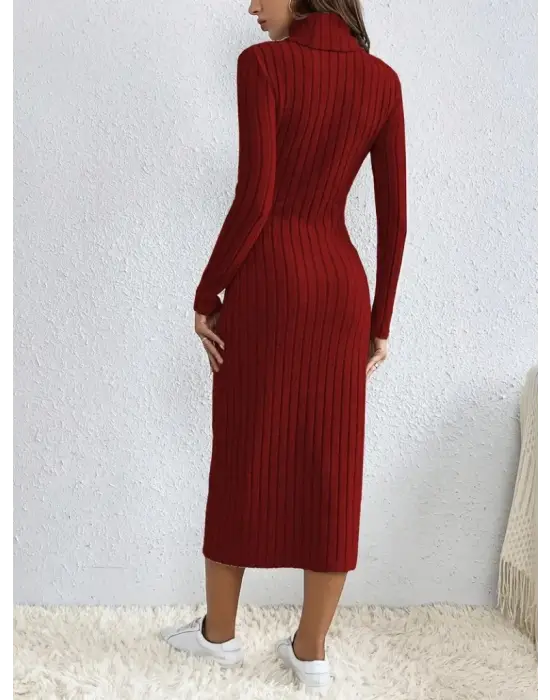 Kadın Uzun Kollu Balıkçı Yaka Yırtmaçlı Düğmeli şardonlu Kaşkorse Elbise