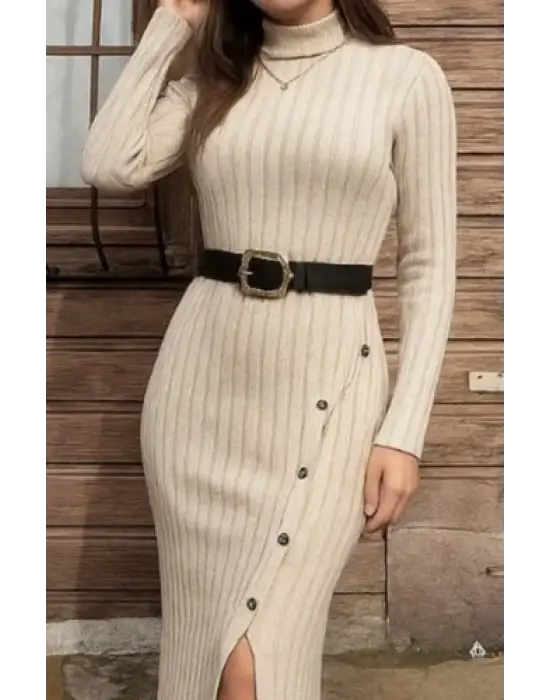 Kadın Uzun Kollu Balıkçı Yaka Yırtmaçlı Düğmeli şardonlu Kaşkorse Elbise